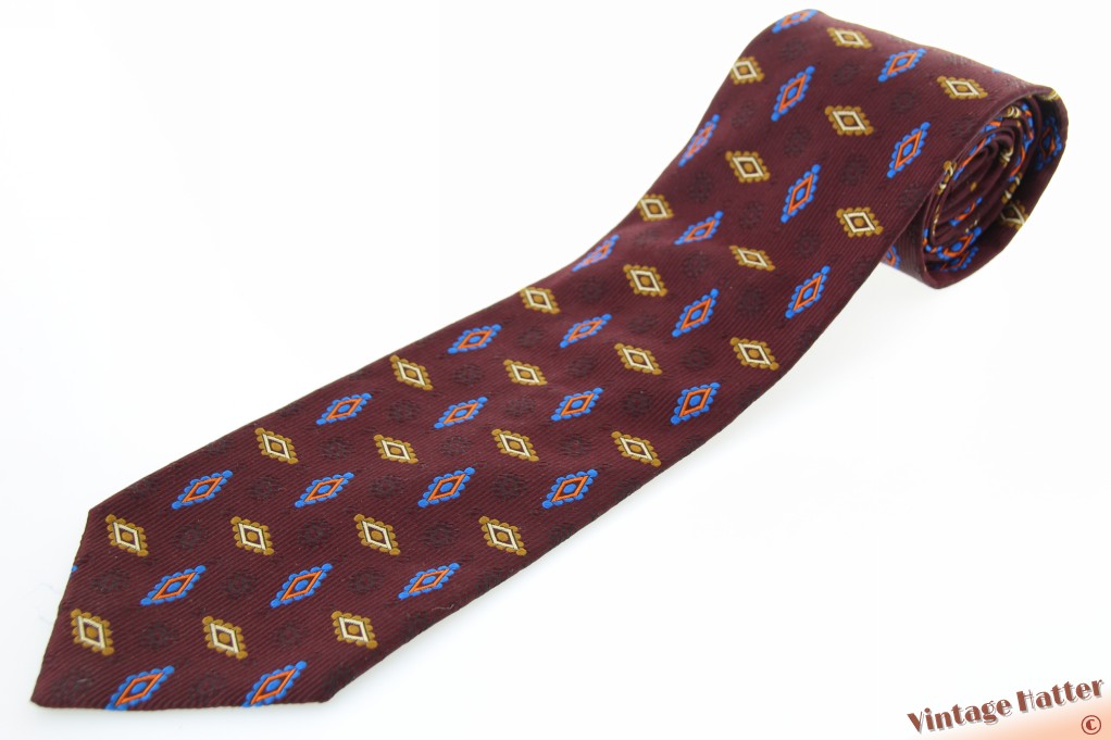 Zijden stropdas Rocco Barocco donker aubergine met blauw geel patroon