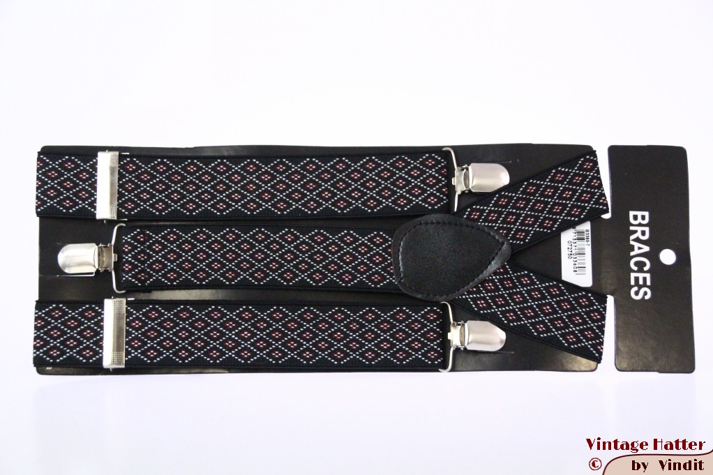 Elastic suspenders adjustable black diamond pattern with metal clips [new]