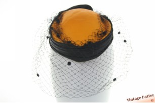 © VintageHatter.com | d-1006-56-1 Cocktail pillbox hat orange satin with black veil 55-56 Cocktail pillbox hat orange satin with black veil 55-56