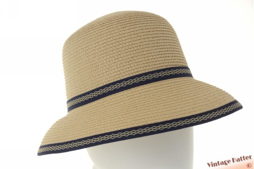 Ronde dames zomerhoed Hawkins geel beige met blauwe band 54-58 [nieuw]