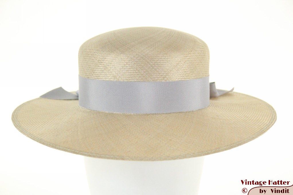 Ladies summer hat off-white sinamay straw with light blue band 56