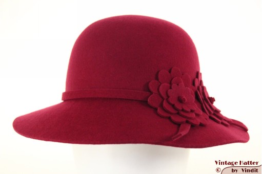 Dameshoed bordeaux rood vilt met vilten bloemen 54-48 [nieuw]