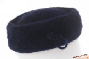 Ladies pillbox cocktail hat dark blue navy angora 56