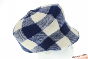 Seventies pet-stijl dameshoed blauw wit geblokt katoen mix 54 (XS)