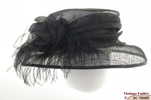 Ladies hat black sinamay sisal with oistrich feathers 58 [new]