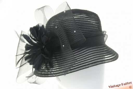Ladies occasion hat black polyester with large flower of bows 57