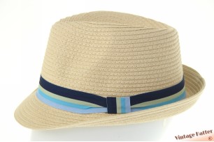 Trilby hat yellow beige coated paper with striped bue band 55-57 [new]