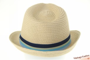Trilby hat yellow beige coated paper with striped bue band 55-57 [new]