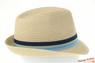 Trilby hat yellow beige coated paper with striped bue band 55-57 [new]