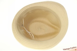 Trilby hat yellow beige coated paper with striped bue band 55-57 [new]