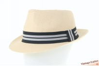 Zomer trilby hoed beige gecoat papier met zwart en grijs gestreepte band 58 [nieuw]