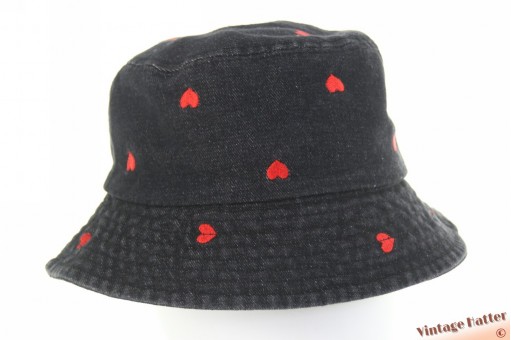 Buckethat black denim with red hearts cotton 57-59 [new]