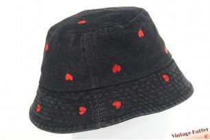 Buckethat black denim with red hearts cotton 57-59 [new]