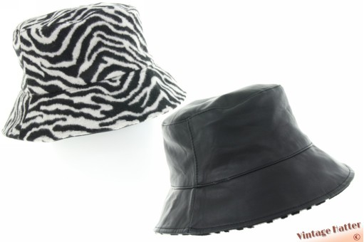 Dubbelzijdige bucket regenhoed zebra textiel en zwart imitatieleer 57