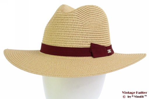 Ladies summer fedora Hawkins beige paper dark red band 56 [new]