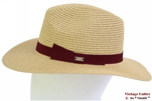 Ladies summer fedora Hawkins beige paper dark red band 57 [new]